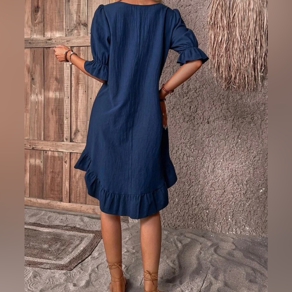Solid Ruffle Flounce Sleeve Dress - Picture 2 of 4